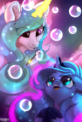 Size: 2000x3000 | Tagged: source needed, useless source url, safe, artist:redvais, princess celestia, princess luna, alicorn, pony, g4, blowing bubbles, bubble, cute, cutelestia, duo, duo female, female, filly, high res, lunabetes, mare, royal sisters, siblings, sisters, woona, younger