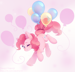 Size: 3872x3680 | Tagged: safe, artist:dedfriend, pinkie pie, earth pony, pony, g4, balloon, chest fluff, cute, diapinkes, ear fluff, female, floating, fluffy, gradient background, grin, high res, hoof fluff, leg fluff, looking at you, mare, one eye closed, pink background, simple background, smiling, solo, then watch her balloons lift her up to the sky, wink