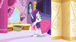 Size: 1920x1080 | Tagged: safe, screencap, rarity, pony, unicorn, g4, no second prances, beautiful, bracelet, carousel boutique, clothes, cute, dress, female, flower, jewelry, lidded eyes, looking back, mare, necklace, raised hoof, raribetes, rose, smiling, solo, teeth