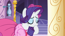 Size: 1920x1080 | Tagged: safe, screencap, rarity, pony, unicorn, g4, no second prances, carousel boutique, clothes, cropped, dress, eyes closed, female, flower, hoof over mouth, jewelry, mare, necklace, raised hoof, rose, solo