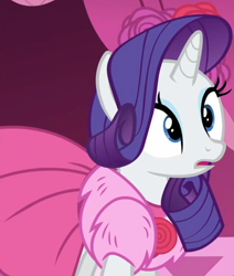 Size: 1036x1223 | Tagged: safe, screencap, rarity, pony, unicorn, g4, no second prances, carousel boutique, clothes, cropped, dress, female, flower, jewelry, mare, necklace, open mouth, rose, shocked, solo