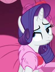 Size: 964x1259 | Tagged: safe, screencap, rarity, pony, unicorn, g4, no second prances, carousel boutique, clothes, cropped, dress, eyeroll, female, flower, jewelry, mare, necklace, rarity is not amused, rose, solo, unamused