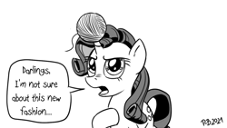Size: 1200x675 | Tagged: safe, artist:pony-berserker, rarity, pony, unicorn, pony-berserker's twitter sketches, g4, ball, darling, female, halftone, hoof on chest, horn, horn guard, hornball, looking at you, mare, rarity is not amused, solo, speech bubble, talking to viewer, unamused, yarn, yarn ball