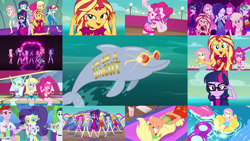 Size: 1280x722 | Tagged: safe, edit, edited screencap, editor:quoterific, screencap, applejack, derpy hooves, fluttershy, lyra heartstrings, pinkie pie, rainbow dash, rarity, sci-twi, spike, spike the regular dog, sunset shimmer, twilight sparkle, dog, equestria girls, g4, i'm on a yacht, my little pony equestria girls: better together, barefoot, baseball cap, belly button, cap, clothes, compilation, dress, drink, drinking, eyes closed, feet, female, floaty, flutterfeet, glasses, gritted teeth, hand on belly, hat, humane five, humane seven, humane six, looking at you, male, midriff, neon eg logo, one-piece swimsuit, open mouth, red face, sandals, sitting, slurp, soles, sunburn, sunglasses, swimming pool, swimsuit, teeth, two-piece swimsuit, wavy mouth, wiggling toes