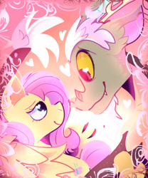 Size: 2000x2400 | Tagged: safe, artist:muttvore, discord, fluttershy, draconequus, pegasus, pony, g4, abstract background, eye contact, female, heart, heart eyes, high res, looking at each other, male, mare, profile, ship:discoshy, shipping, smiling, straight, wingding eyes, wings