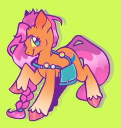 Size: 1855x1959 | Tagged: safe, artist:nakkipng, sunny starscout, earth pony, pony, g5, badge, bag, braid, cute, female, green background, looking at you, mare, raised hoof, simple background, solo, sunny's bag, sunnybetes, unshorn fetlocks