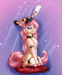Size: 2896x3484 | Tagged: safe, artist:sugarypolecat, oc, oc:sugar polecat, demon, pony, unicorn, cheek fluff, chest fluff, choker, disembodied hand, eyeshadow, female, freckles, glitter, hand, high res, jewelry, makeup, petting, pillow, pink hair, pink mane, pink tail, scar, smiling