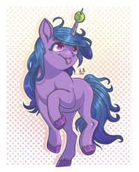 Size: 605x753 | Tagged: safe, artist:lubouhid, izzy moonbow, pony, unicorn, g5, :p, abstract background, ball, female, horn, horn guard, horn impalement, hornball, izzy's tennis ball, mare, raised hoof, solo, tennis ball, tongue out, unshorn fetlocks
