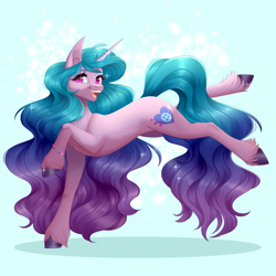 Size: 5040x5040 | Tagged: safe, artist:ohhoneybee, izzy moonbow, pony, unicorn, g5, abstract background, absurd resolution, bracelet, bucking, cute, female, happy, izzybetes, jewelry, looking at you, mare, open mouth, raised hoof, solo, unshorn fetlocks