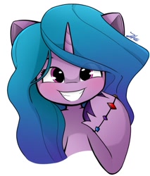 Size: 871x1022 | Tagged: safe, artist:zi_arie, izzy moonbow, pony, unicorn, g5, blushing, bracelet, cute, female, grin, izzybetes, jewelry, looking at you, mare, raised hoof, signature, simple background, smiling, solo, teeth, unshorn fetlocks, white background
