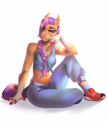 Size: 3286x3780 | Tagged: safe, artist:sukiskuki, sunny starscout, earth pony, anthro, g5, belly button, braid, clothes, ear fluff, female, high res, looking at you, mare, midriff, pants, shoes, short shirt, simple background, sitting, smiling, socks, solo, tank top, white background, yoga pants