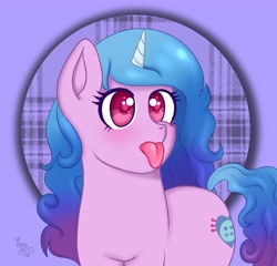 Size: 4096x3939 | Tagged: safe, artist:yumomoart, artist:yumomochan, izzy moonbow, pony, unicorn, g5, :p, abstract background, absurd resolution, blushing, female, mare, signature, solo, tongue out