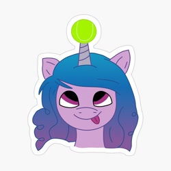 Size: 1000x1000 | Tagged: safe, artist:tasvyn, izzy moonbow, pony, unicorn, g5, ball, female, horn, horn guard, horn impalement, hornball, izzy's tennis ball, looking up, mare, simple background, solo, sticker, tennis ball, tongue out, white background