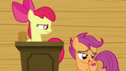 Size: 1280x720 | Tagged: safe, screencap, apple bloom, scootaloo, earth pony, pegasus, pony, g4, on your marks, season 6, animated, apple bloom is not amused, bow, bump, duo, duo female, eyes closed, female, filly, hair bow, reality ensues, sound, talking, teeth, unamused, walking, webm