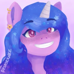 Size: 1000x1000 | Tagged: safe, artist:desporkable, izzy moonbow, pony, unicorn, g5, bust, ear piercing, earring, female, grin, jewelry, looking at you, mare, piercing, portrait, signature, smiling, solo, teeth, text