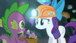 Size: 1280x720 | Tagged: safe, screencap, rarity, spike, dragon, pony, unicorn, g4, gauntlet of fire, animated, basket, bow, cave, duo, female, gem, glowing horn, helmet, horn, magic, magic aura, male, mare, mining helmet, sound, spike is not amused, talking, unamused, webm