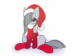Size: 2893x2210 | Tagged: safe, artist:opossum_imoto, marble pie, earth pony, pony, g4, christmas, christmas stocking, clothes, cute, female, hat, heart eyes, high res, holiday, marblebetes, mare, mouth hold, santa hat, sitting, socks, solo, wingding eyes