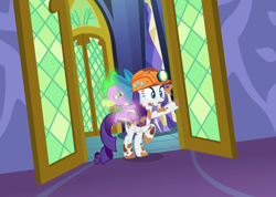 Size: 1520x1080 | Tagged: safe, screencap, rarity, spike, dragon, pony, unicorn, g4, gauntlet of fire, bipedal, bow, cropped, dirty, dragons riding ponies, duo, female, helmet, male, mare, mining helmet, open mouth, riding, spike riding rarity, twilight's castle