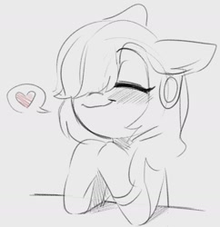 Size: 1933x1993 | Tagged: safe, artist:opossum_imoto, oc, oc only, pony, ..., blushing, ear piercing, earring, eyes closed, grayscale, jewelry, monochrome, piercing, smiling, solo