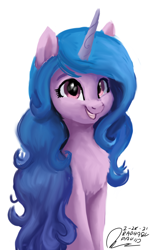 Size: 1600x2560 | Tagged: safe, artist:raphaeldavid, izzy moonbow, pony, unicorn, g5, chest fluff, cute, female, grin, izzybetes, looking at you, mare, signature, simple background, smiling, solo, teeth, white background