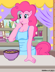 Size: 679x892 | Tagged: safe, artist:kerocat, pinkie pie, earth pony, anthro, g4, apron, breasts, cleavage, clothes, female, naked apron, solo