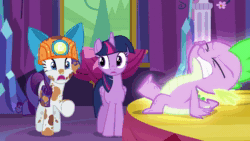 Size: 1280x720 | Tagged: safe, screencap, rarity, spike, twilight sparkle, alicorn, dragon, pony, unicorn, g4, gauntlet of fire, animated, dirty, duo, eyes closed, female, gritted teeth, helmet, male, mare, mining helmet, scratching, sitting, sound, talking, teeth, trio, twilight sparkle (alicorn), twilight's castle, webm