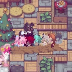 Size: 320x320 | Tagged: safe, oc, oc only, dog, pony, pony town, christmas, christmas tree, clothes, holiday, lying down, pixel art, prone, smiling, tree