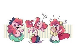 Size: 1020x724 | Tagged: safe, artist:camaleao, pinkie pie, earth pony, pony, g4, ball, balloon, beret, cape, circus, clothes, costume, cutie mark, facial hair, hat, inflatable, moustache, music notes, opera, simple background, singing, white background
