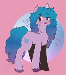 Size: 1218x1388 | Tagged: safe, artist:kitberryart, izzy moonbow, pony, unicorn, g5, :p, abstract background, blushing, chest fluff, cute, female, heart, izzybetes, mare, signature, solo, tongue out, unshorn fetlocks