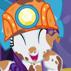 Size: 720x720 | Tagged: safe, screencap, rarity, pony, unicorn, g4, gauntlet of fire, animated, bow, cropped, dirty, eyes closed, female, helmet, laughing, mare, mining helmet, open mouth, solo, sound, webm