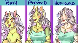 Size: 2048x1131 | Tagged: safe, artist:beyond_inside, oc, oc only, oc:snow t. chaos, human, pony, unicorn, anthro, :d, anthro with ponies, breasts, bust, clothes, female, horn, humanized, mare, open mouth, signature, smiling, solo, unicorn oc