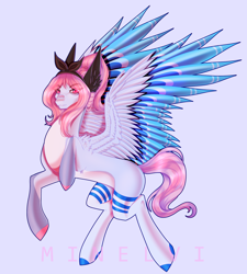 Size: 2250x2500 | Tagged: safe, artist:minelvi, oc, oc only, pegasus, pony, ear fluff, gray background, high res, hoof polish, pegasus oc, rearing, signature, simple background, solo, two toned wings, wings