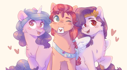 Size: 3272x1804 | Tagged: safe, artist:twinkesus, izzy moonbow, pipp petals, sunny starscout, earth pony, pegasus, pony, unicorn, g5, :p, badge, bag, blushing, braid, chest fluff, female, fluffy, heart, looking at you, mare, mouth hold, one eye closed, open mouth, raised hoof, red eyes, red-eyed pipp, simple background, tongue out, unshorn fetlocks, white wings, wink, winking at you