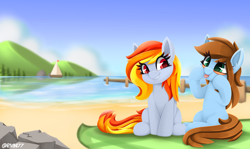 Size: 3700x2200 | Tagged: safe, artist:rivin177, oc, oc only, oc:shinycyan, oc:tridashie, earth pony, pegasus, pony, beach, blue sky, cloud, coast, commission, daylight, high res, mountain, picnic, pier, sand, sea pear, sitting, solo, tongue out, yacht