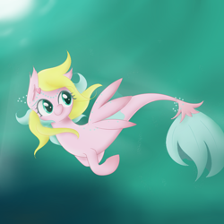 Size: 800x800 | Tagged: safe, artist:mischievouslove, oc, oc only, pegasus, pony, seapony (g4), crepuscular rays, female, fish tail, flowing mane, flowing tail, green eyes, ocean, seaponified, smiling, solo, species swap, sunlight, swimming, tail, underwater, water, wings
