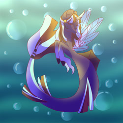 Size: 1280x1280 | Tagged: safe, artist:betzihappygarden, oc, oc only, alicorn, pony, seapony (g4), bubble, crepuscular rays, dorsal fin, eyes closed, female, fin wings, fish tail, flowing tail, horn, ocean, seaponified, solo, species swap, sunlight, tail, underwater, water, wings