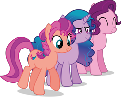 Size: 9285x7498 | Tagged: safe, artist:starcollider, izzy moonbow, pipp petals, sunny starscout, earth pony, pegasus, pony, unicorn, g4, g5, .svg available, absurd resolution, eyes closed, female, g5 to g4, mare, show accurate, simple background, smiling, transparent background, trio, vector