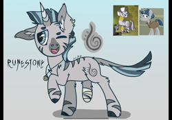 Size: 2388x1668 | Tagged: safe, artist:caramelbolt24, stygian, zecora, oc, oc:runestone, hybrid, pony, unicorn, zebra, zebracorn, zony, g4, abstract background, amputee, bandage, horn, jewelry, male, neck rings, necklace, offspring, one eye closed, open mouth, parent:stygian, parent:zecora, screencap reference, stallion, unicorn oc, wink