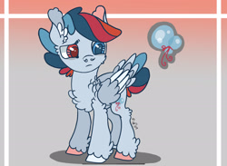 Size: 2276x1668 | Tagged: safe, artist:caramelbolt24, oc, oc only, pegasus, pony, abstract background, chest fluff, ear fluff, frown, heterochromia, hoof polish, magical lesbian spawn, male, offspring, parent:pinkie pie, parent:rainbow dash, parents:pinkiedash, pegasus oc, reference sheet, signature, solo, stallion, story included, wings