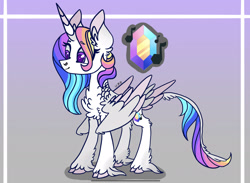 Size: 2275x1668 | Tagged: safe, artist:caramelbolt24, oc, oc only, alicorn, classical unicorn, pony, unicorn, abstract background, alicorn oc, chest fluff, cloven hooves, ear fluff, female, horn, leonine tail, magical lesbian spawn, mare, multicolored hair, multiple parents, offspring, parent:applejack, parent:fluttershy, parent:pinkie pie, parent:rainbow dash, parent:rarity, parent:twilight sparkle, parents:omniship, rainbow hair, reference sheet, signature, story included, unshorn fetlocks, wings
