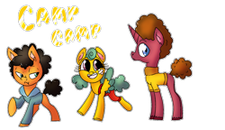 Size: 1614x929 | Tagged: safe, artist:northernlightsone, earth pony, pegasus, pony, unicorn, bandaid, blank flank, camp camp, clothes, colt, crossover, female, filly, grin, grumpy, hoodie, male, max (camp camp), neil (camp camp), nikki (camp camp), overalls, ponified, raised hoof, raised leg, rooster teeth, simple background, smiling, sweater, transparent background, trio