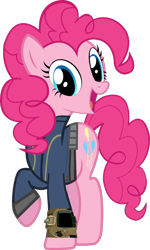 Size: 1024x1707 | Tagged: safe, artist:php170, artist:snapshopvisuals, edit, edited screencap, screencap, pinkie pie, earth pony, pony, fallout equestria, g4, clothes, fallout, female, jumpsuit, looking at you, not a vector, open mouth, pipboy, simple background, solo, transparent background, vault suit, vector