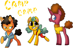 Size: 1334x873 | Tagged: safe, alternate version, artist:northernlightsone, earth pony, pegasus, pony, unicorn, bandaid, blank flank, camp camp, clothes, colt, crossover, female, filly, grin, grumpy, hoodie, male, max (camp camp), neil (camp camp), nikki (camp camp), overalls, ponified, raised hoof, raised leg, rooster teeth, simple background, smiling, sweater, trio, white background
