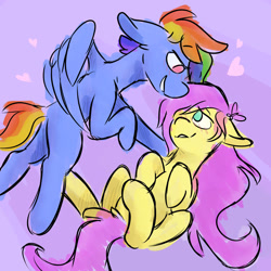 Size: 1280x1280 | Tagged: safe, artist:antimationyt, fluttershy, rainbow dash, pegasus, pony, g4, blushing, female, floppy ears, lesbian, looking at each other, mare, missing cutie mark, ship:flutterdash, shipping