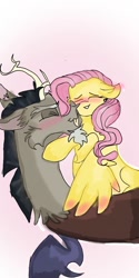 Size: 540x1080 | Tagged: safe, artist:cocolove2176, discord, fluttershy, draconequus, pegasus, pony, g4, blushing, cheek kiss, eyes closed, female, kissing, male, mare, ship:discoshy, shipping, straight, wings