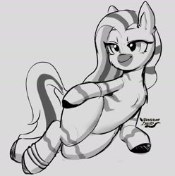 Size: 2384x2401 | Tagged: safe, artist:opossum_imoto, oc, oc only, oc:zeal lanatus, zebra, semi-anthro, arm hooves, female, grayscale, high res, lidded eyes, mare, monochrome, smiling, solo