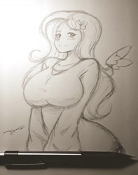 Size: 907x1153 | Tagged: safe, artist:l2nx2, fluttershy, human, g4, big breasts, breasts, busty fluttershy, floating wings, grayscale, humanized, mechanical pencil, monochrome, pencil drawing, solo, traditional art, winged humanization, wings