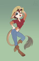 Size: 2480x3858 | Tagged: safe, artist:airfly-pony, oc, oc only, oc:case, unicorn, anthro, unguligrade anthro, belly button, boots, clothes, cowboy hat, ear fluff, female, floppy ears, hand on hip, hat, high res, jeans, leonine tail, looking at you, midriff, one eye closed, open mouth, pale belly, pants, shirt, shoes, smiling, smiling at you, solo, unicorn (elepatrium), wink, winking at you