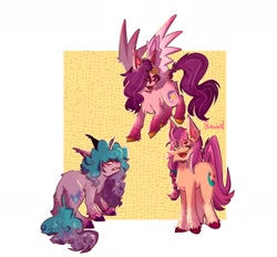 Size: 1972x1830 | Tagged: safe, artist:kafeleik, izzy moonbow, pipp petals, sunny starscout, earth pony, pegasus, pony, unicorn, g5, abstract background, angry, bracelet, braid, chest fluff, eyes closed, female, jewelry, mare, one eye closed, open mouth, signature, unshorn fetlocks, wings