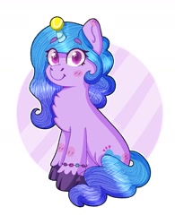 Size: 1364x1746 | Tagged: safe, artist:skylaedits, izzy moonbow, pony, unicorn, g5, abstract background, ball, blushing, bracelet, chest fluff, cute, female, horn, horn guard, horn impalement, hornball, izzy's tennis ball, izzybetes, jewelry, looking at you, mare, sitting, solo, tennis ball, unshorn fetlocks